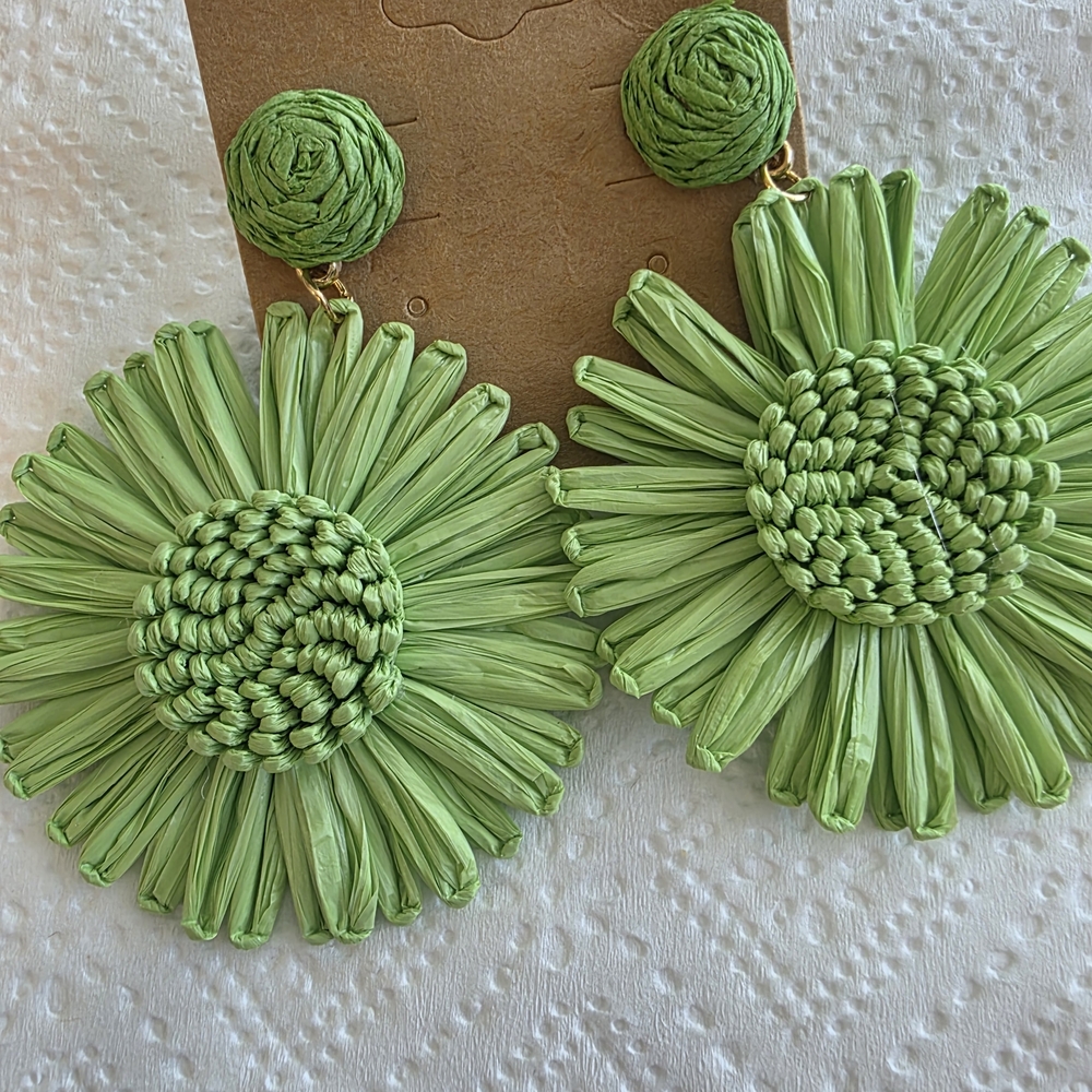 Green Floral Woven Earrings